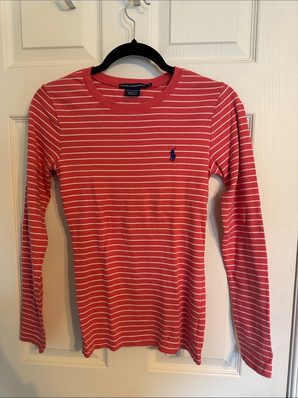 Polo by Ralph Lauren Coral Red and White Striped Long-Sleeve Crewneck